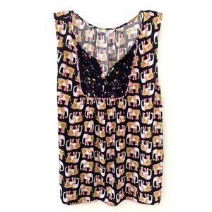 Crown & Ivy Sleeveless Top Sz XL Navy Background With Elephants